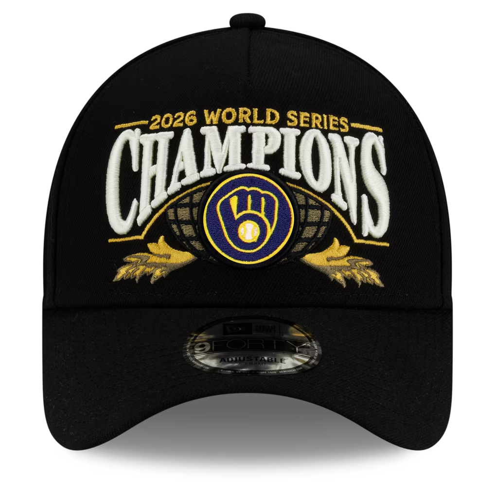 MILWAUKEE BREWERS NEW ERA 2026 MLB WORLD SERIES CHAMPIONS LOCKER ROOM 9FORTY A-FRAME ADJUSTABLE HAT - BLACK