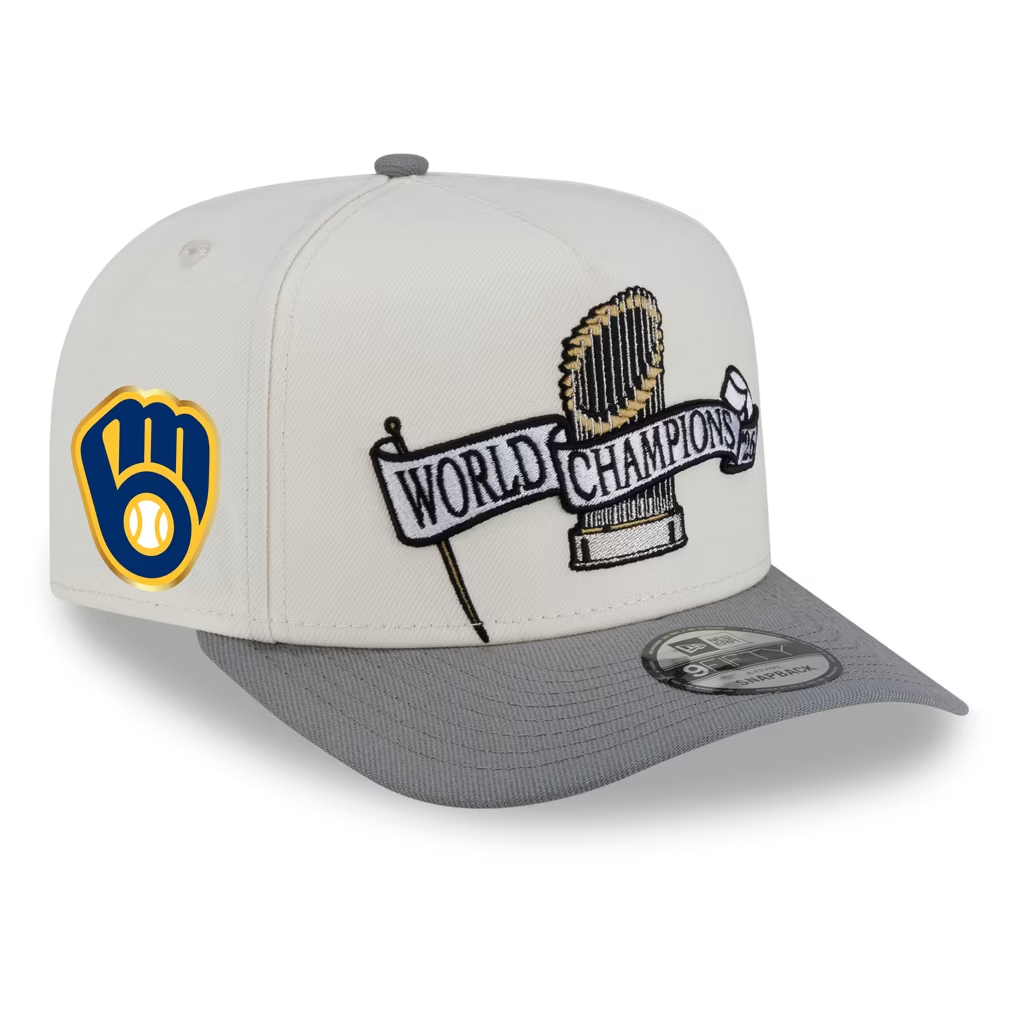 MILWAUKEE BREWERS NEW ERA 2026 MLB WORLD SERIES CHAMPIONS PARADE 9FORTY A-FRAME ADJUSTABLE HAT - CREAM/GREY