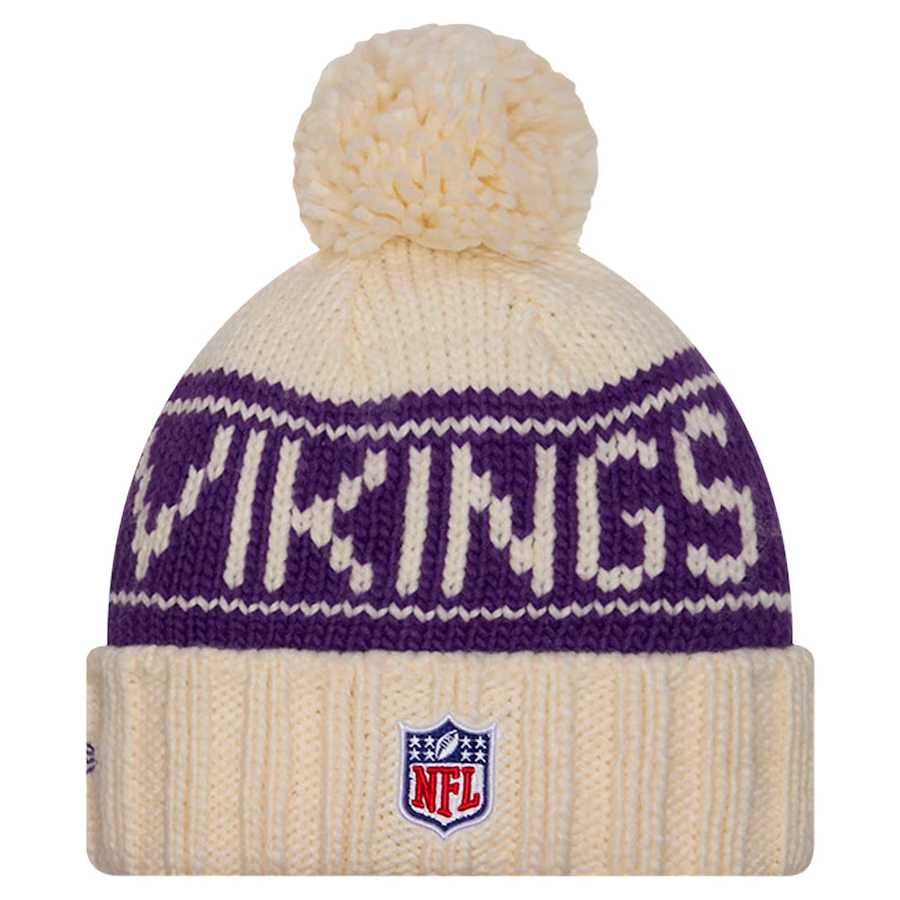 MINNESOTA VIKINGS WOMEN'S 2024 NFL SIDELINE CUFFED KNIT BEANIE WITH POM - CREAM