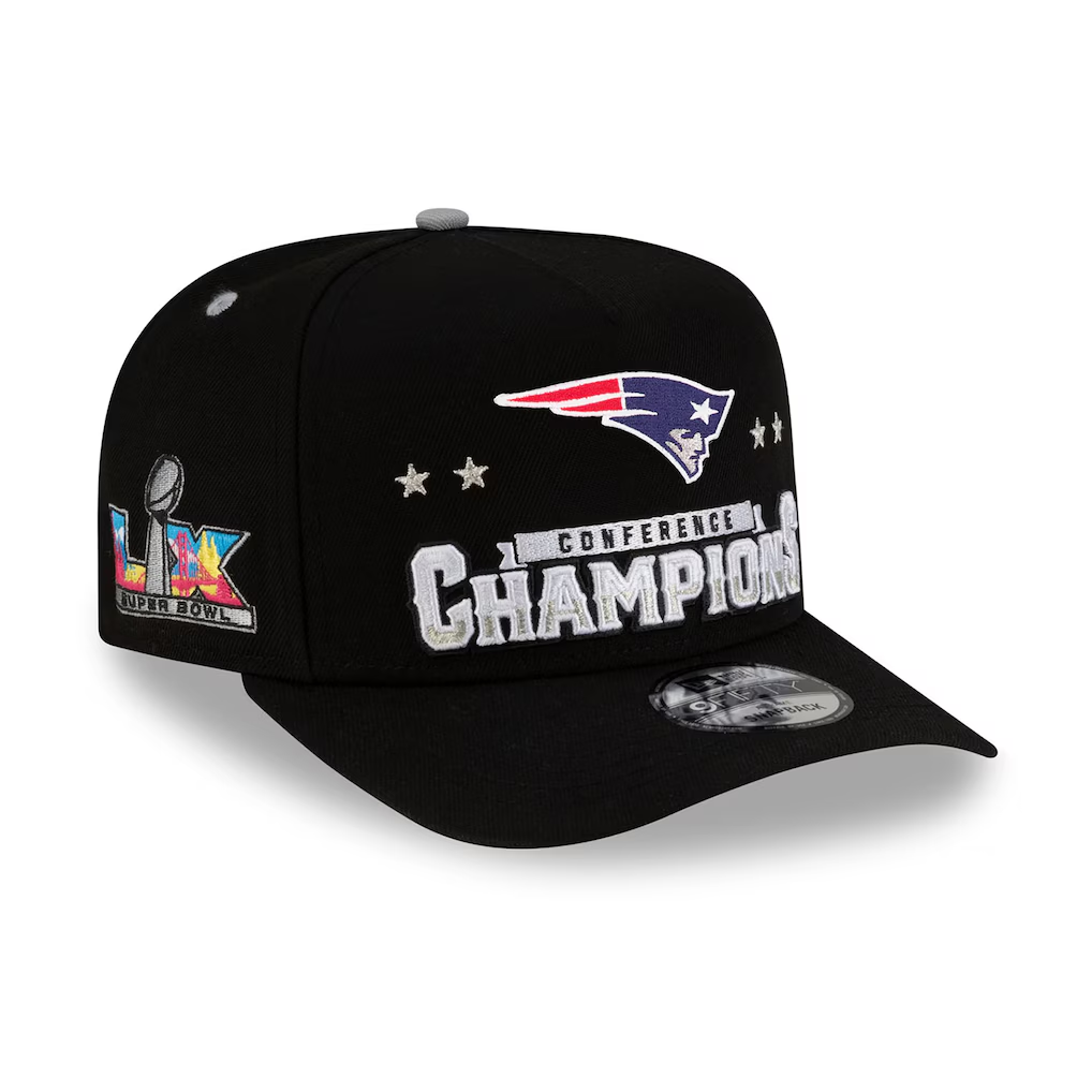 NEW ENGLAND PATRIOTS 2025 AFC CONFERENCE CHAMPIONS LOCKER ROOM 9FIFTY A-FRAME SNAPBACK HAT - BLACK