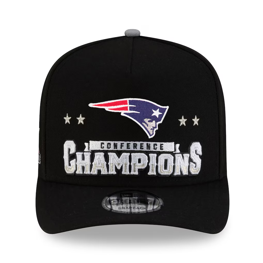 NEW ENGLAND PATRIOTS 2025 AFC CONFERENCE CHAMPIONS LOCKER ROOM 9FIFTY A-FRAME SNAPBACK HAT - BLACK