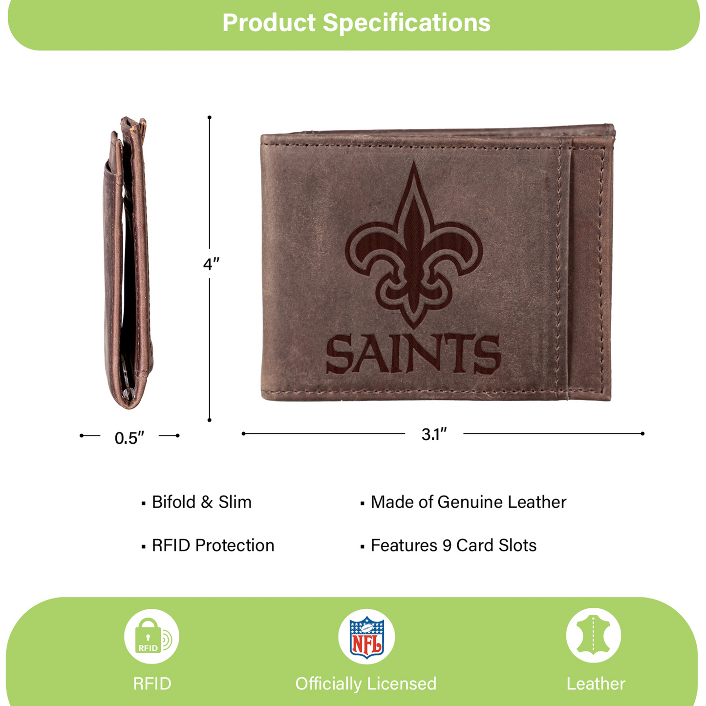 NEW ORLEANS SAINTS FRONT POCKET SLIM CARD HOLDER WITH RFID BLOCKING