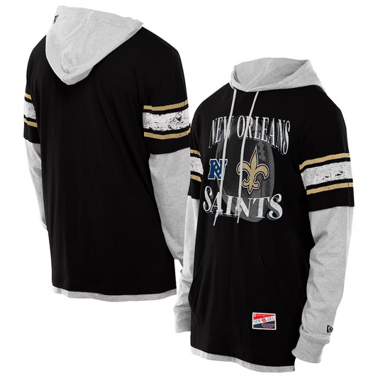 NEW ORLEANS SAINTS MEN'S NEW ERA TWOFER LAYERED LONG SLEEVE T-SHIRT - BLACK/GRAY