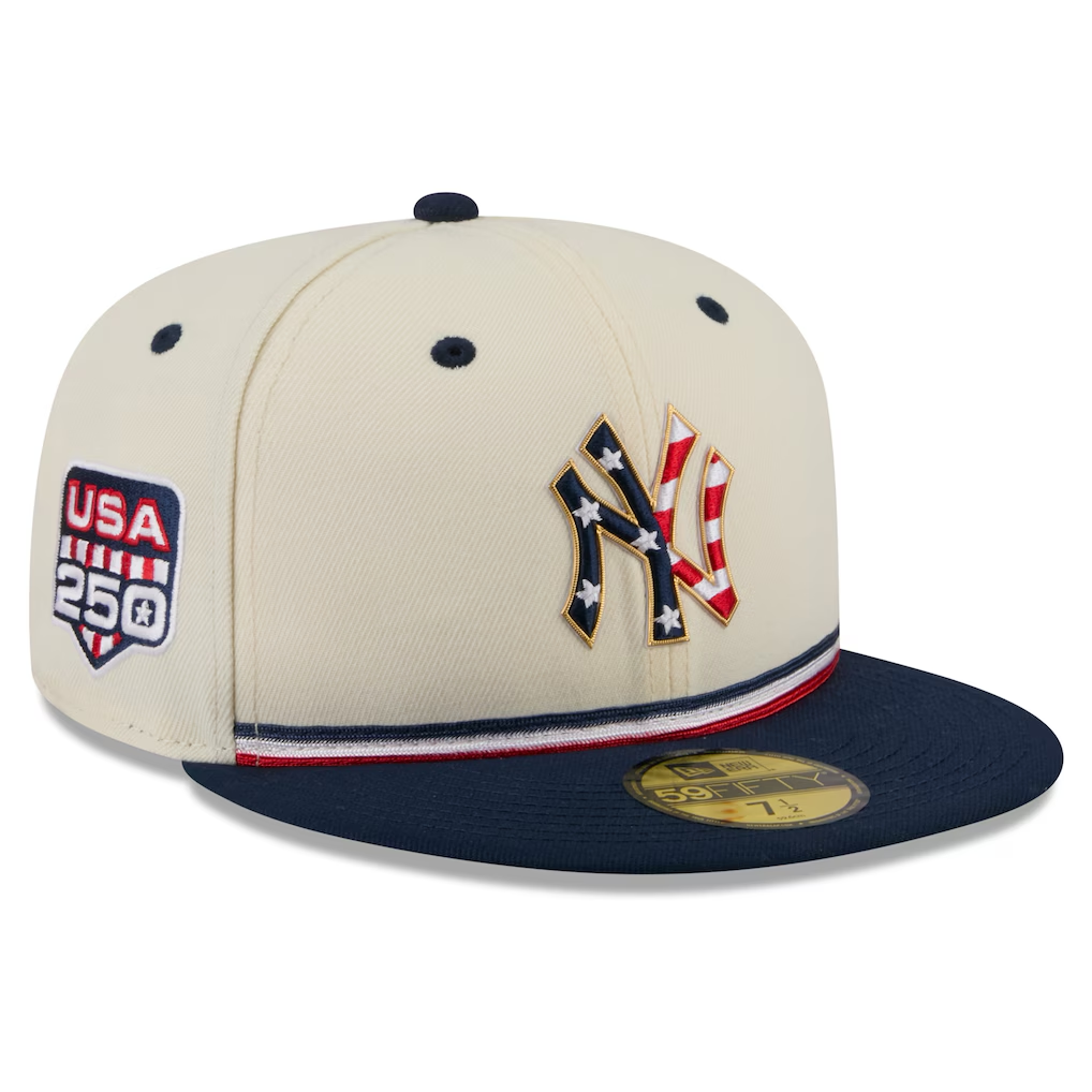 NEW YORK YANKEES 2026 MLB USA 250 4TH OF JULY 59FIFTY FITTED HAT - CHROME WHITE/NAVY