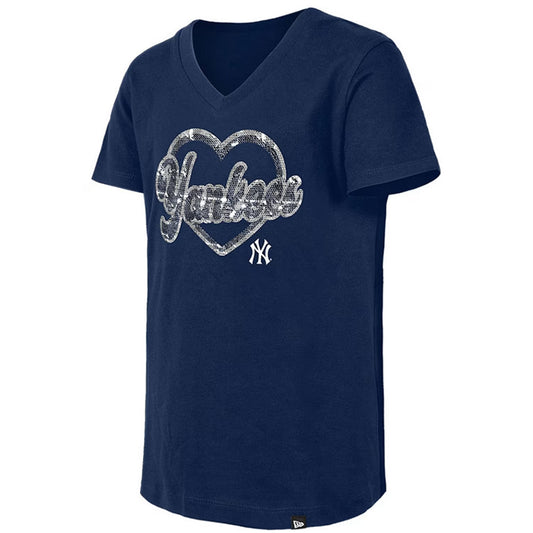 NEW YORK YANKEES GIRLS FLIP HEART SEQUIN V-NECK T-SHIRT - NAVY