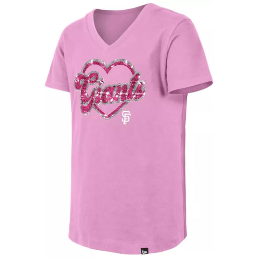NEW YORK YANKEES GIRLS FLIP HEART SEQUIN V-NECK T-SHIRT - PINK
