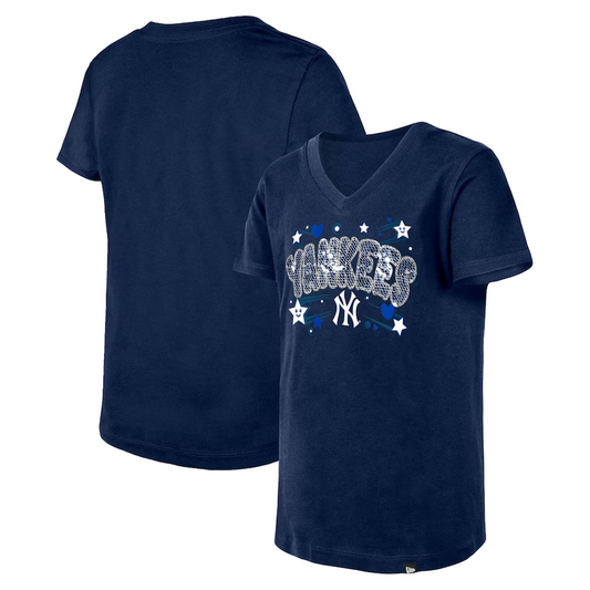 NEW YORK YANKEES GIRLS STAR HEART SEQUIN V-NECK T-SHIRT