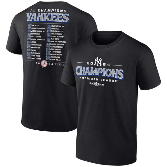 NEW YORK YANKEES MEN'S 2024 AMERICAN LEAGUE CHAMPIONS BLOOP SINGLE ROSTER T-SHIRT