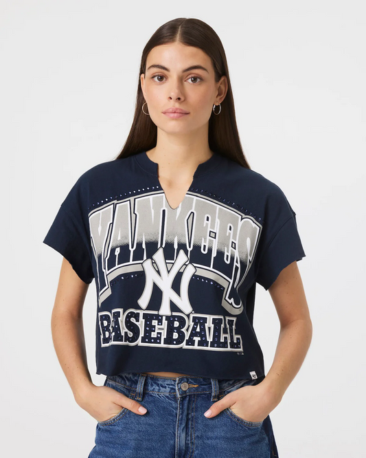 NEW YORK YANKEES WOMEN'S '47 BRAND WIN BIG OVERSIZED NOTCH NECK T-SHIRT - NAVY
