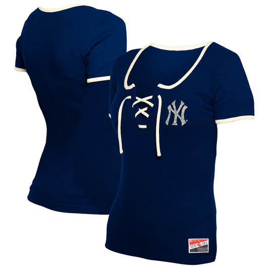 NEW YORK YANKEES WOMEN'S LACE TIE-NECK T-SHIRT - NAVY