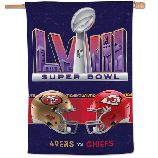 KANSAS CITY CHIEFS VS SAN FRANCISCO 49ERS SUPER BOWL LVIII 28" X 40" DUELING ONE-SIDED VERTICAL FLAG