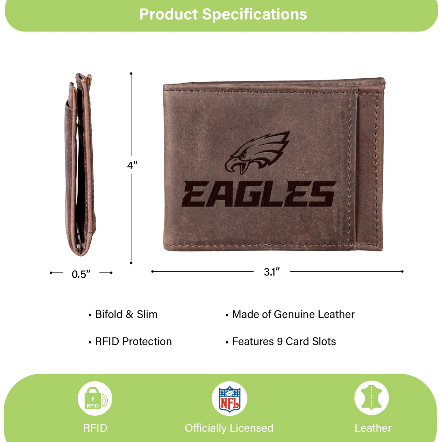 PHILADELPHIA EAGLES FRONT POCKET SLIM CARD HOLDER WITH RFID BLOCKING