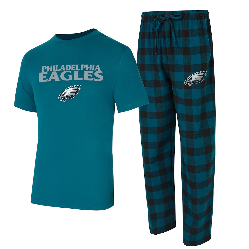 PHILADELPHIA EAGLES MEN'S COLLEGE CONCEPTS AVONDALE T-SHIRT & FLANNEL PANT SLEEPWEAR SET - GREEN/BLACK