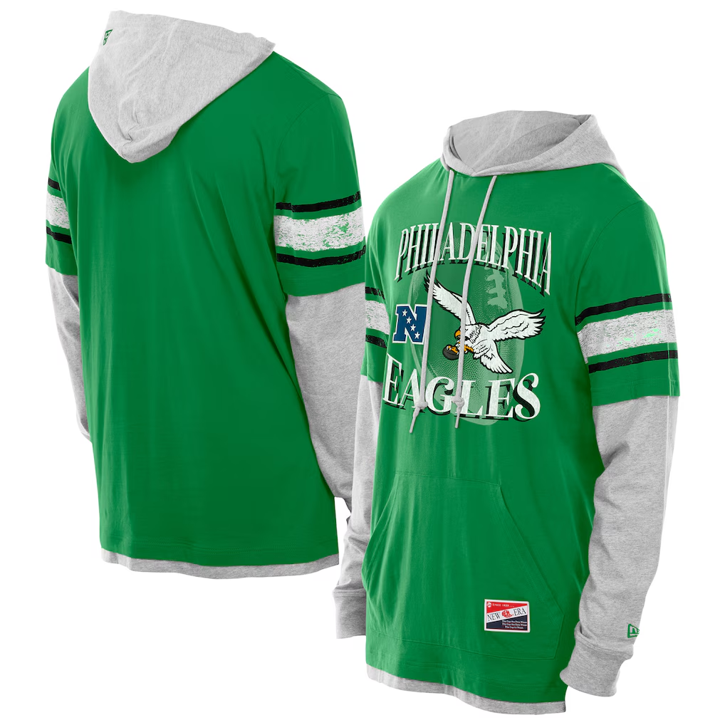 PHILADELPHIA EAGLES MEN'S NEW ERA TWOFER LAYERED LONG SLEEVE T-SHIRT - GREEN/GRAY