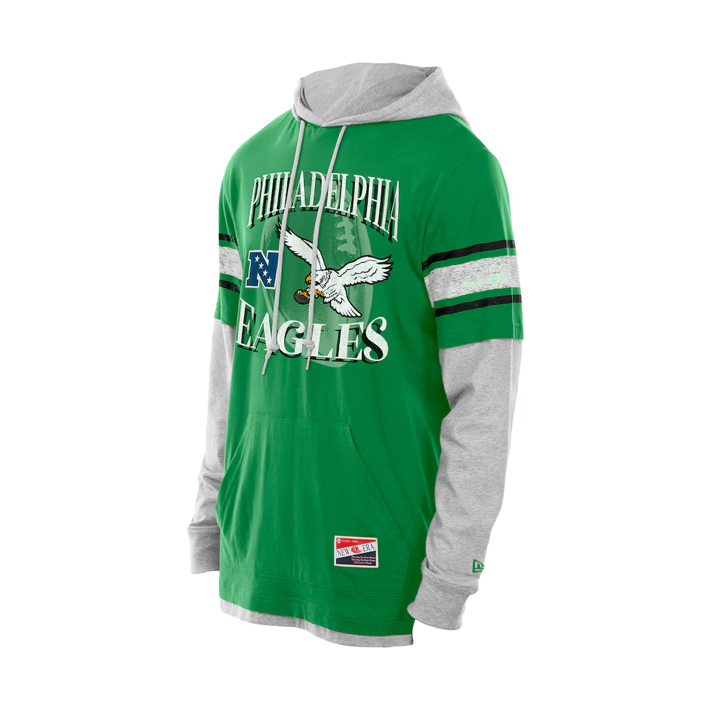 PHILADELPHIA EAGLES MEN'S NEW ERA TWOFER LAYERED LONG SLEEVE T-SHIRT - GREEN/GRAY