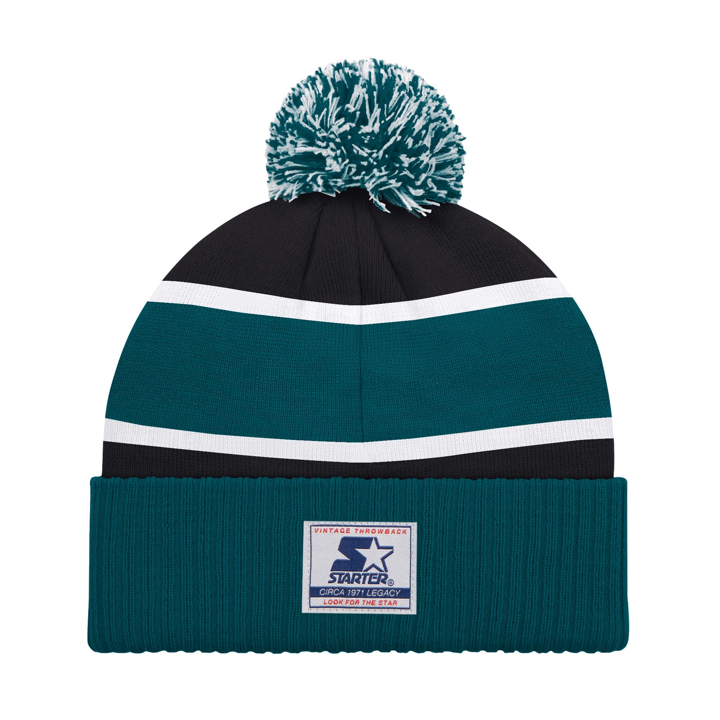 PHILADELPHIA EAGLES MEN'S STARTER LEGACY CUFFED KNIT WITH POM - GREEN/BLACK