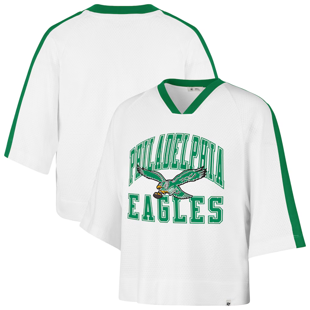 PHILADELPHIA EAGLES WOMEN'S '47 BRAND BIG OVERARCH DROP NEEDLE RAGLAN JERSEY - WHITE