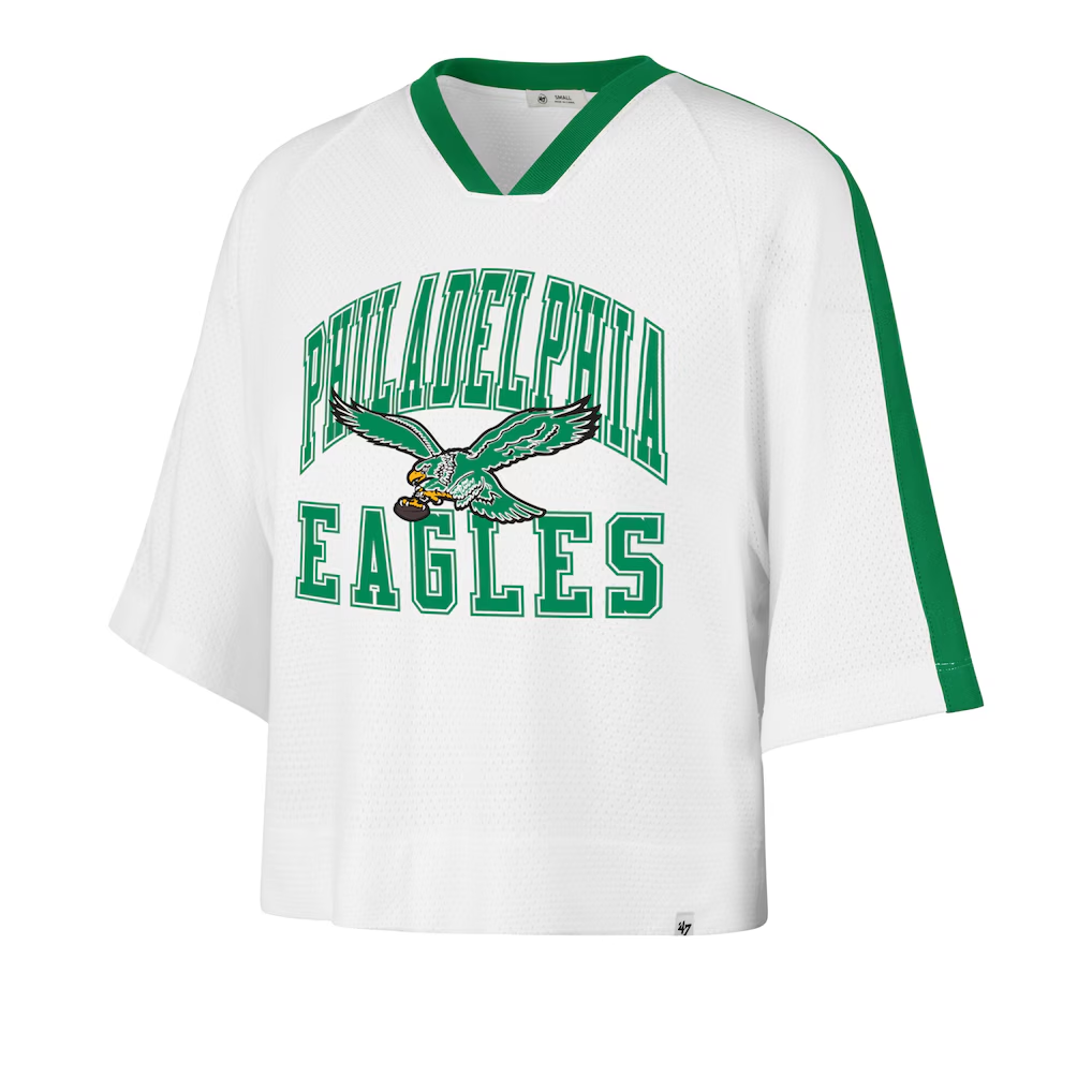 PHILADELPHIA EAGLES WOMEN'S '47 BRAND BIG OVERARCH DROP NEEDLE RAGLAN JERSEY - WHITE