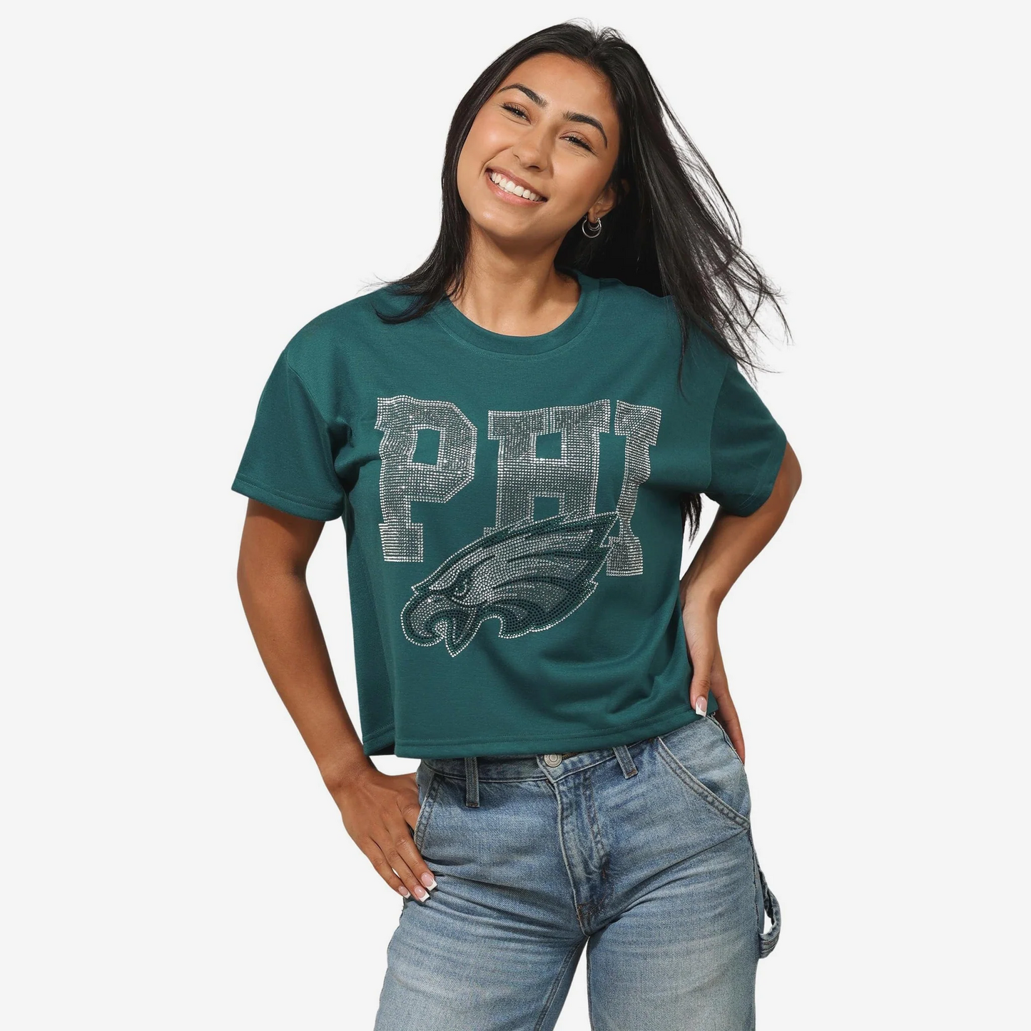 PHILADELPHIA EAGLES WOMEN'S FOCO RHINESTONE LOGO CROP TOP T-SHIRT - GREEN