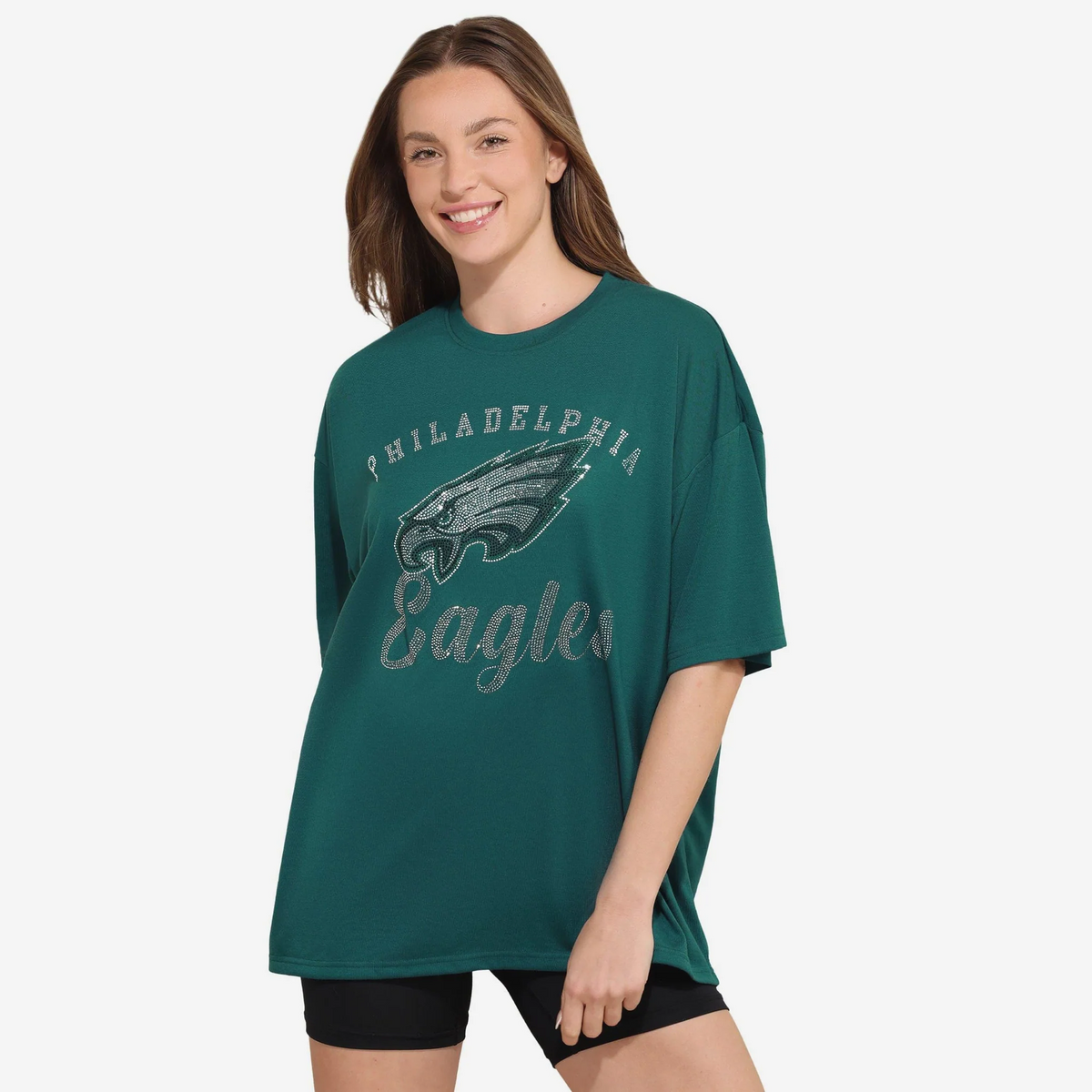 PHILADELPHIA EAGLES WOMEN'S FOCO RHINESTONE LOGO OVERSIZED T-SHIRT - GREEN