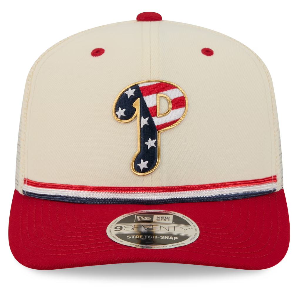 PHILADELPHIA PHILLIES 2026 MLB USA 250 4TH OF JULY 9SEVENTY ADJUSTABLE SNAPBACK TRUCKER HAT - CHROME WHITE/RED
