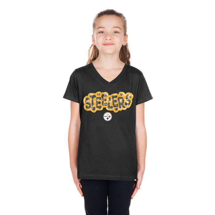 PITTSBURGH STEELERS GIRLS NEW ERA WAVY SEQUIN FLIP T-SHIRT - BLACK