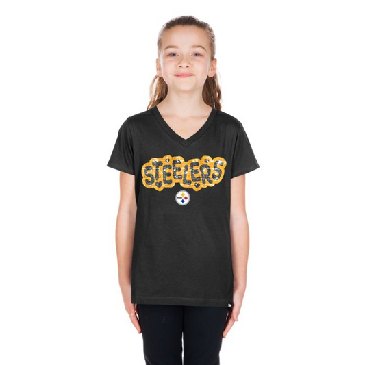 PITTSBURGH STEELERS GIRLS NEW ERA WAVY SEQUIN FLIP T-SHIRT - BLACK