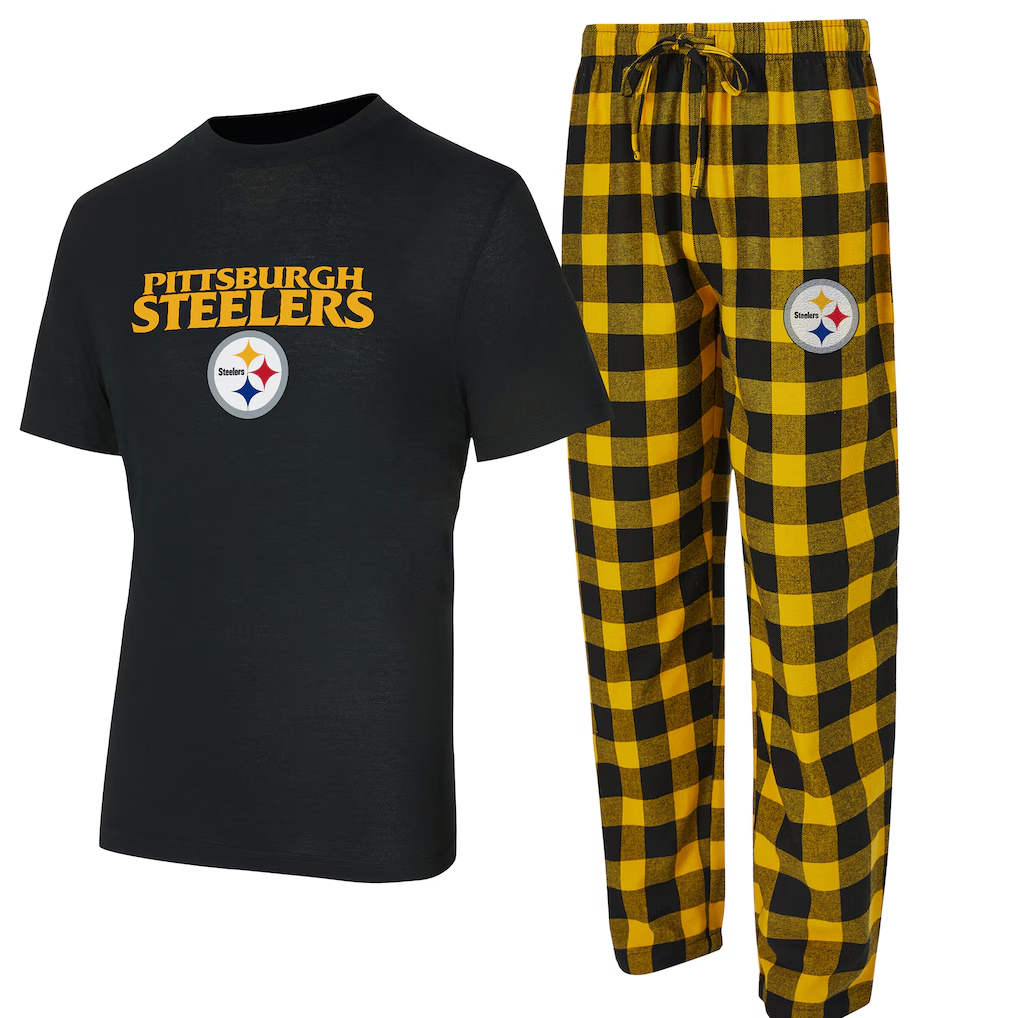 PITTSBURGH STEELERS MEN'S COLLEGE CONCEPTS AVONDALE T-SHIRT & FLANNEL PANT SLEEPWEAR SET - BLACK/GOLD