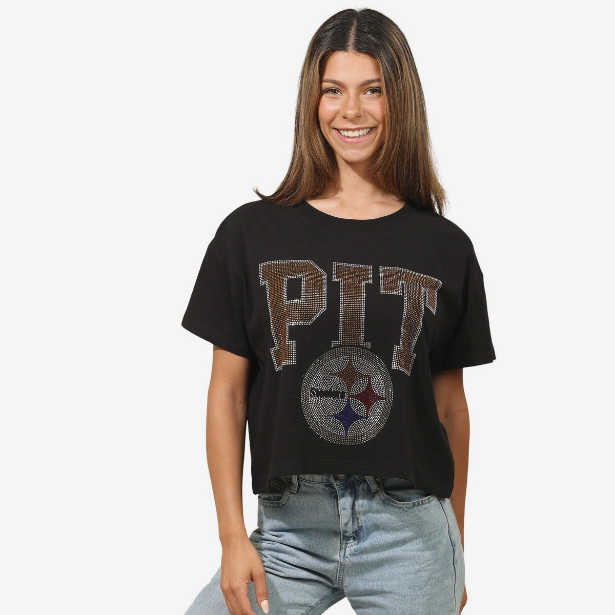 PITTSBURGH STEELERS WOMEN'S FOCO RHINESTONE LOGO CROP TOP T-SHIRT - BLACK