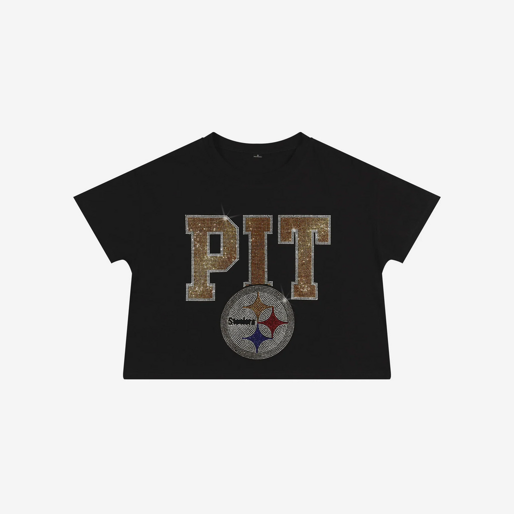 PITTSBURGH STEELERS WOMEN'S FOCO RHINESTONE LOGO CROP TOP T-SHIRT - BLACK