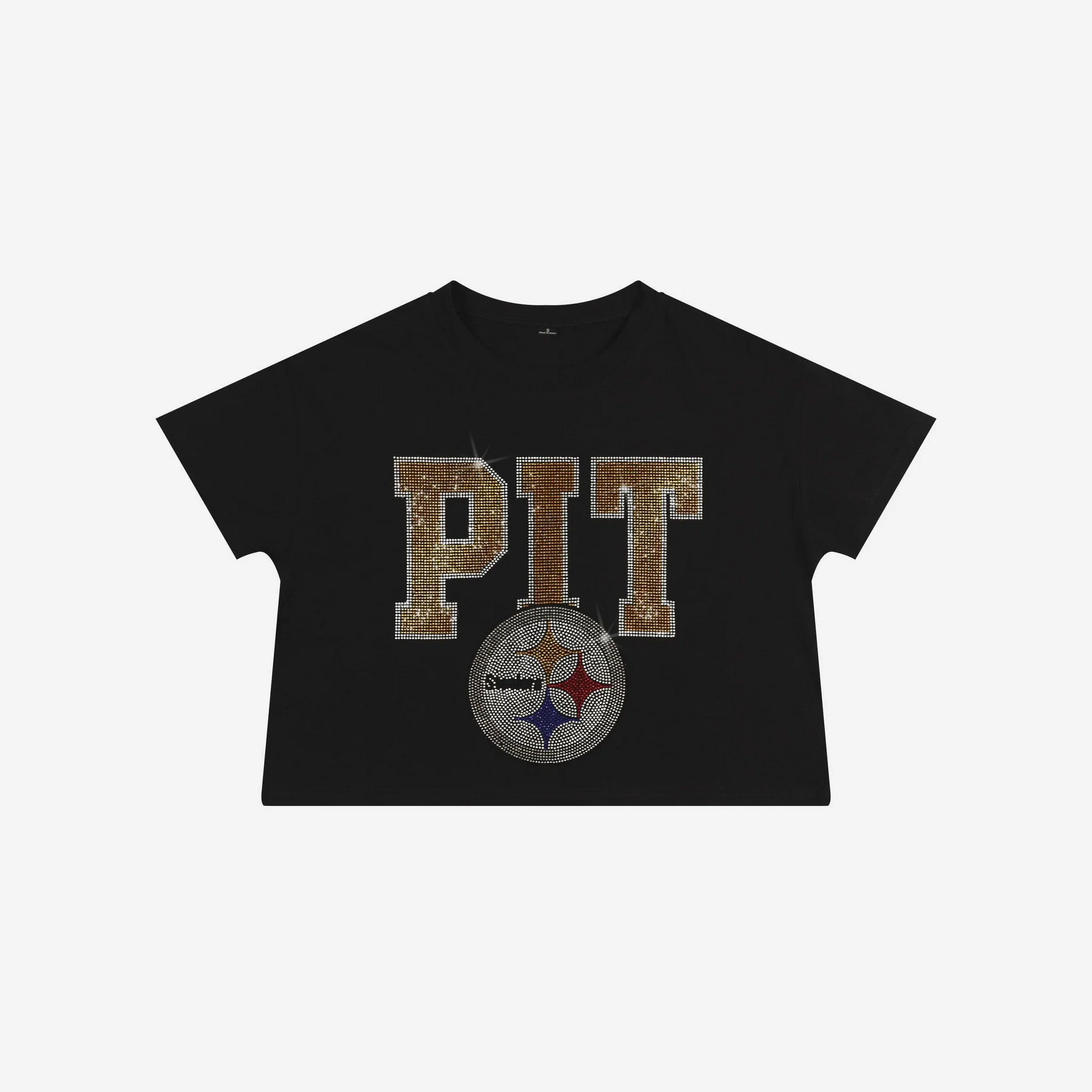 PITTSBURGH STEELERS WOMEN'S FOCO RHINESTONE LOGO CROP TOP T-SHIRT - BLACK