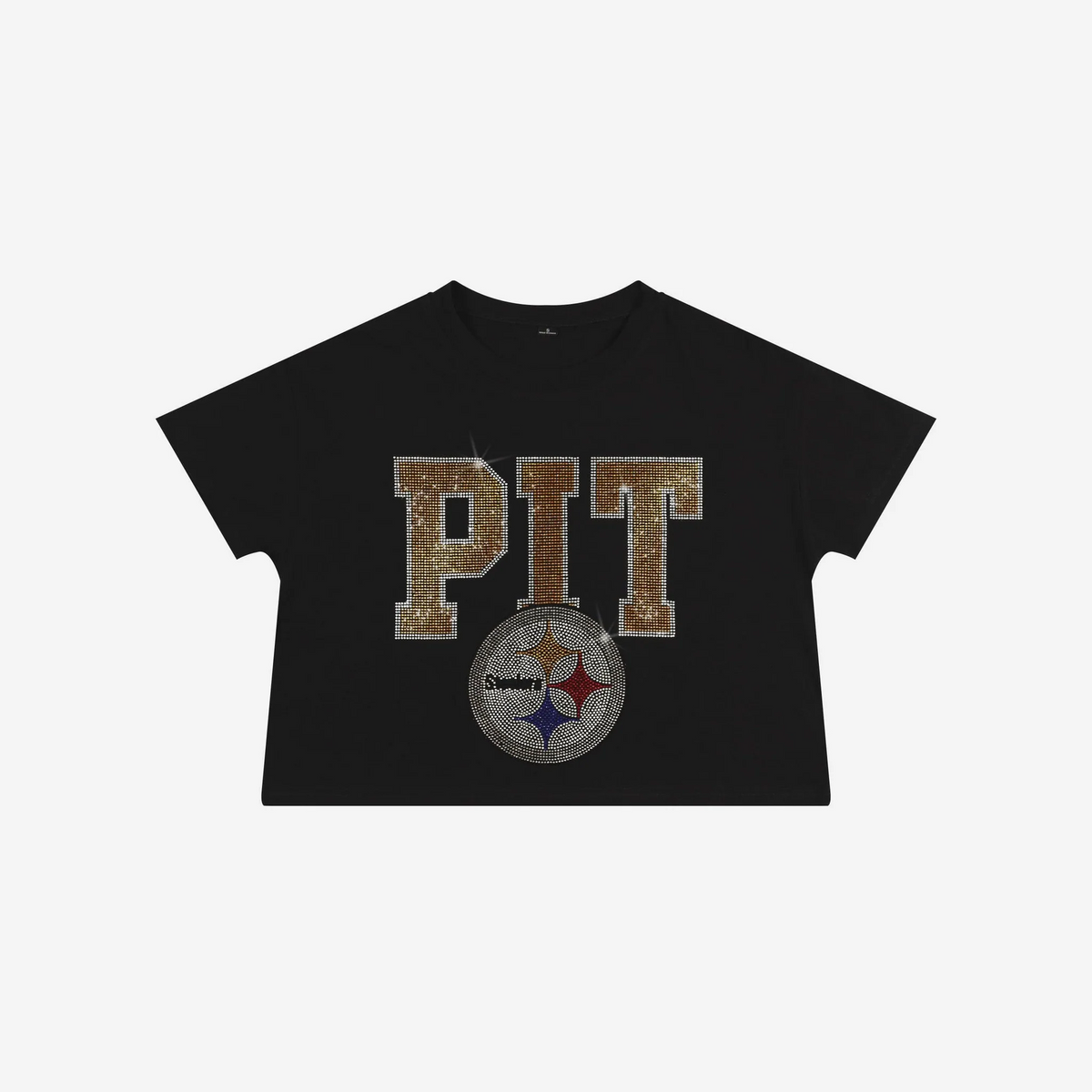 PITTSBURGH STEELERS WOMEN'S FOCO RHINESTONE LOGO CROP TOP T-SHIRT - BLACK