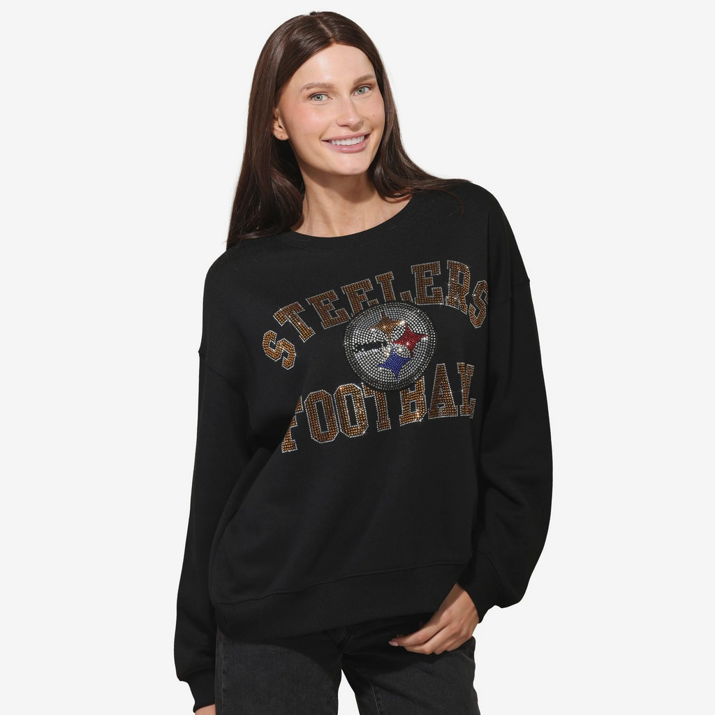 PITTSBURGH STEELERS WOMEN'S FOCO RHINESTONE LOGO OVERSIZED CREW NECK SWEATSHIRT - BLACK
