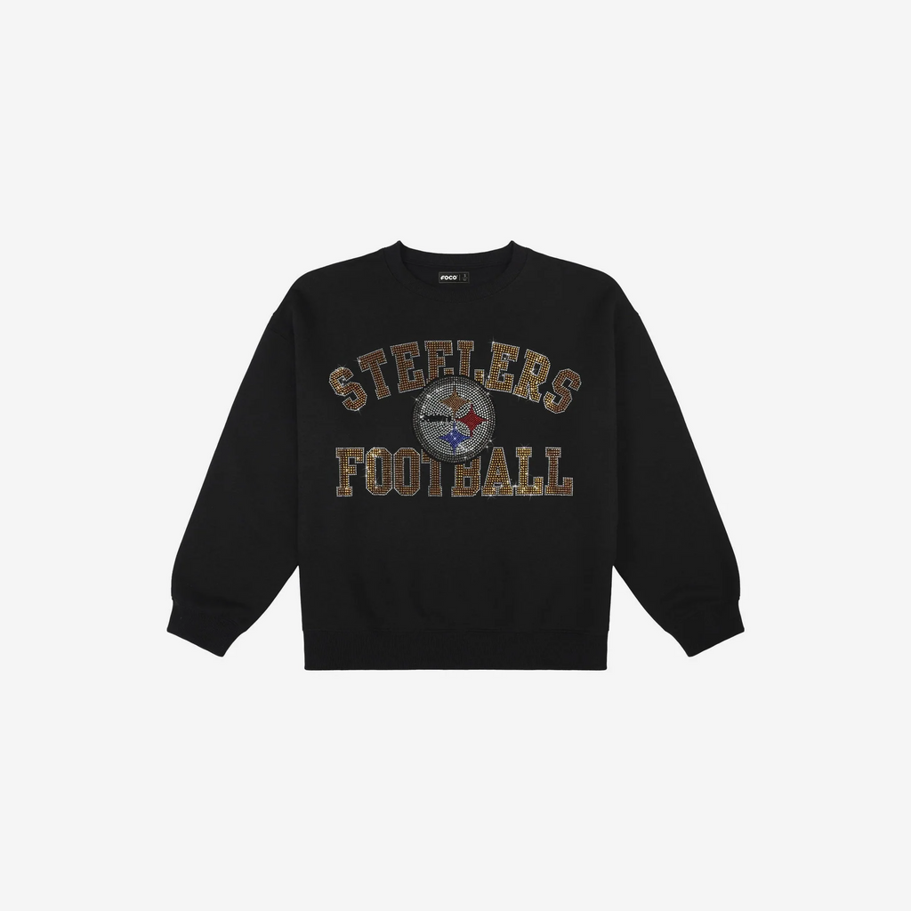PITTSBURGH STEELERS WOMEN'S FOCO RHINESTONE LOGO OVERSIZED CREW NECK SWEATSHIRT - BLACK