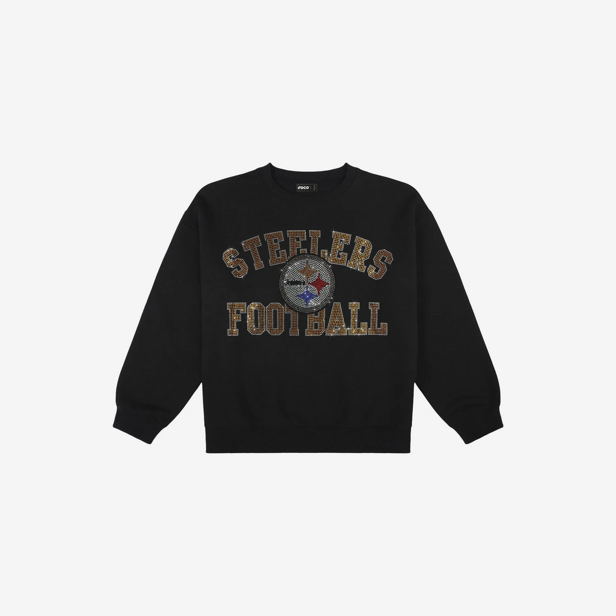 PITTSBURGH STEELERS WOMEN'S FOCO RHINESTONE LOGO OVERSIZED CREW NECK SWEATSHIRT - BLACK