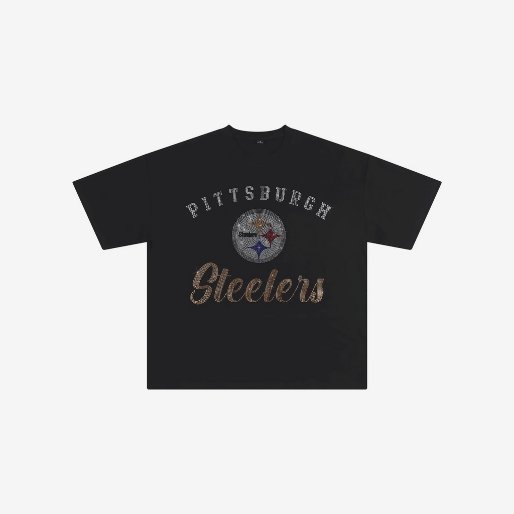 PITTSBURGH STEELERS WOMEN'S FOCO RHINESTONE LOGO OVERSIZED T-SHIRT - BLACK