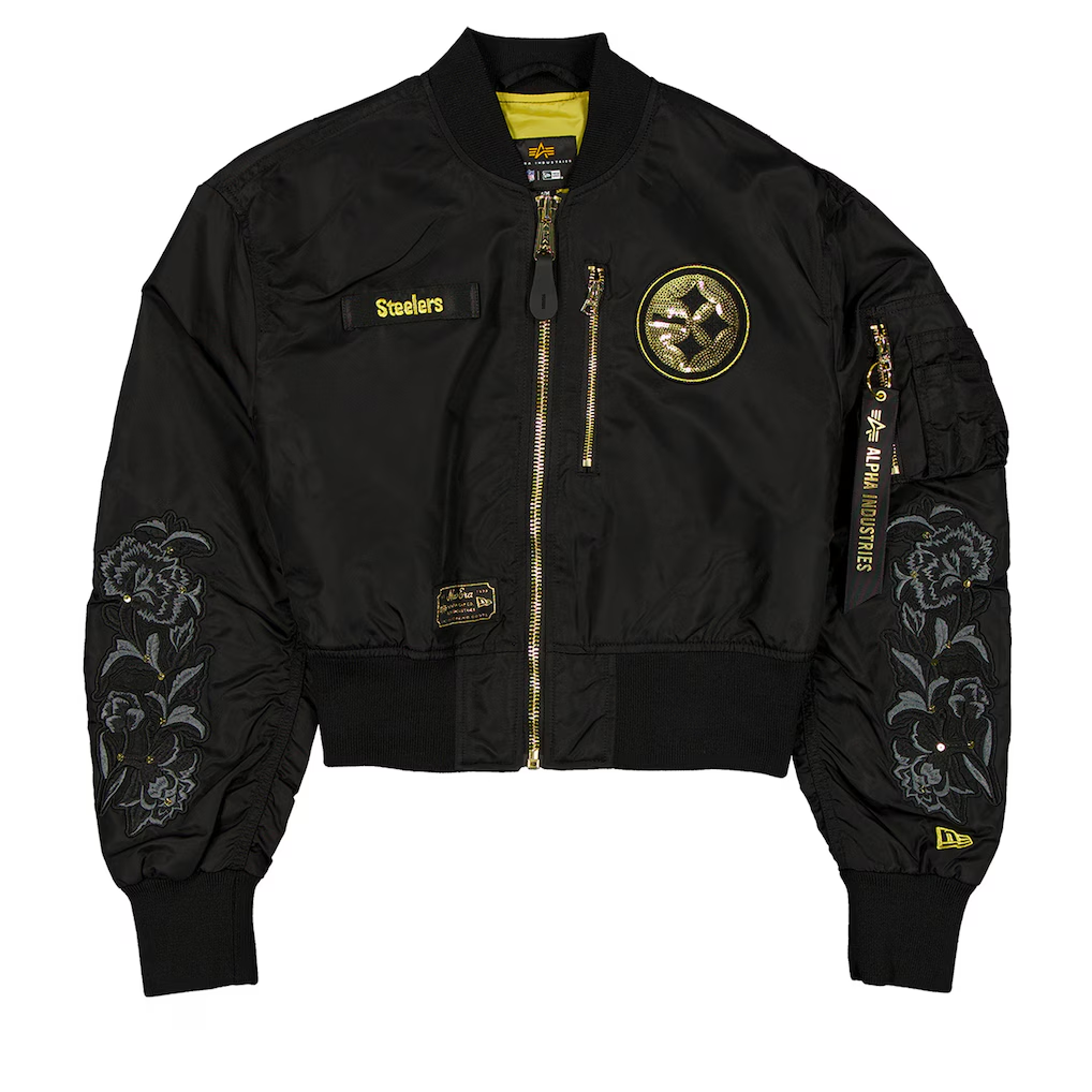 PITTSBURGH STEELERS WOMEN'S NEWERA X ALPHA INDUSTRIES CROPPED FULL-ZIP JACKET - BLACK/GOLD