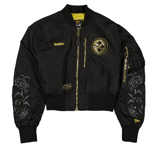 PITTSBURGH STEELERS WOMEN'S NEWERA X ALPHA INDUSTRIES CROPPED FULL-ZIP JACKET - BLACK/GOLD