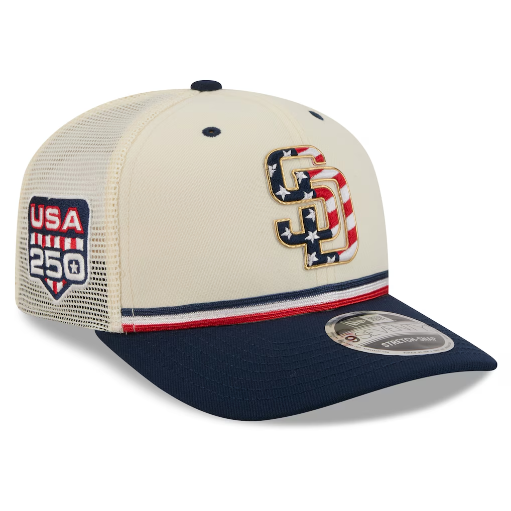 SAN DIEGO PADRES 2026 MLB USA 250 4TH OF JULY 9SEVENTY ADJUSTABLE SNAPBACK TRUCKER HAT - CHROME WHITE/NAVY