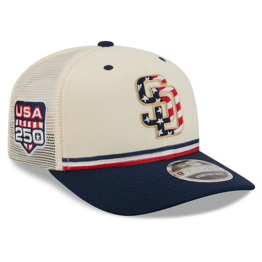 SAN DIEGO PADRES 2026 MLB USA 250 4TH OF JULY 9SEVENTY ADJUSTABLE SNAPBACK TRUCKER HAT - CHROME WHITE/NAVY