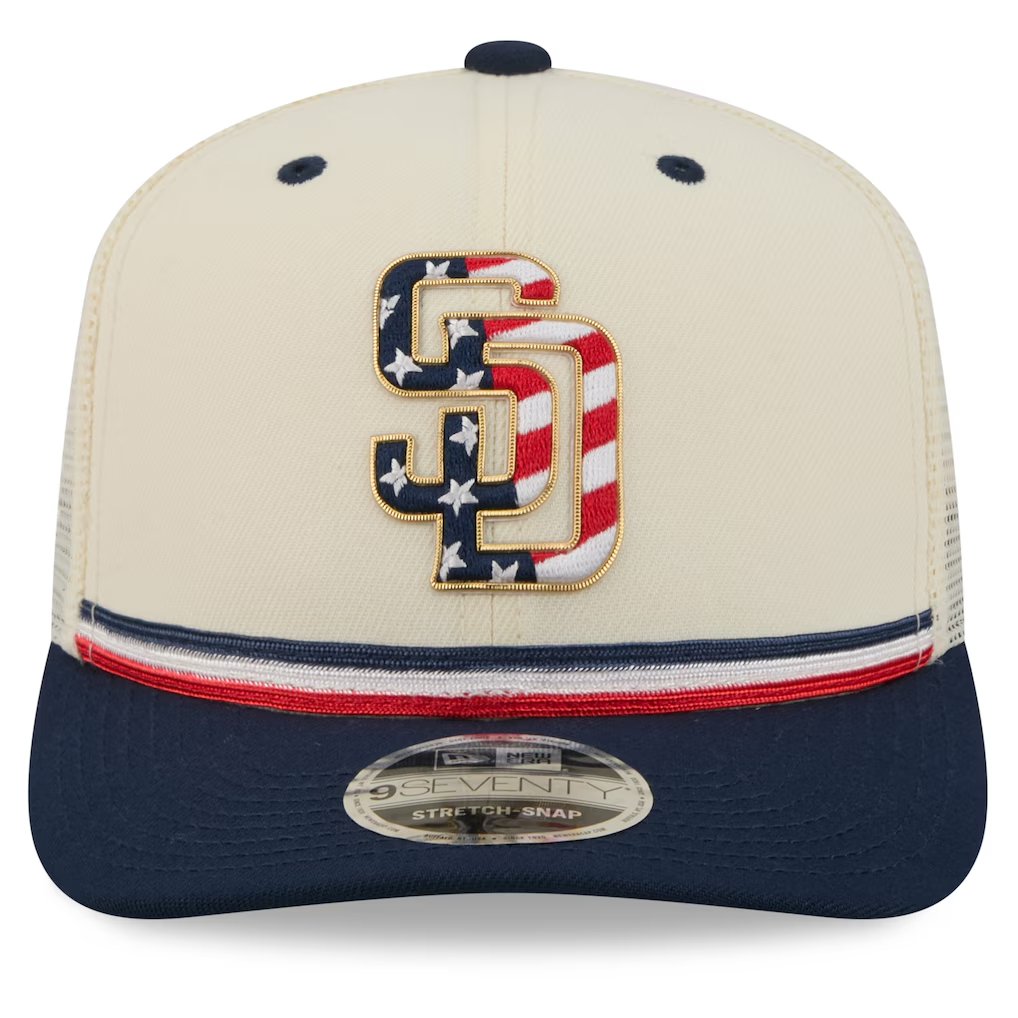 SAN DIEGO PADRES 2026 MLB USA 250 4TH OF JULY 9SEVENTY ADJUSTABLE SNAPBACK TRUCKER HAT - CHROME WHITE/NAVY