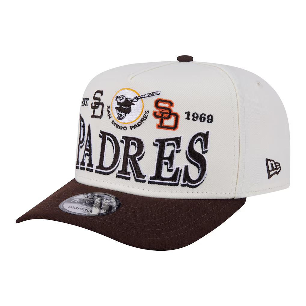 SAN DIEGO PADRES NEW ERA TRI-HIT 9FIFTY A-FRAME SNAPBACK HAT - CHROME WHITE/BROWN