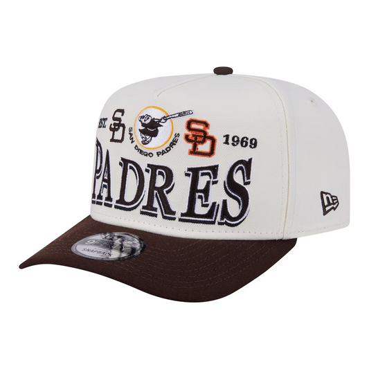 SAN DIEGO PADRES NEW ERA TRI-HIT 9FIFTY A-FRAME SNAPBACK HAT - CHROME WHITE/BROWN
