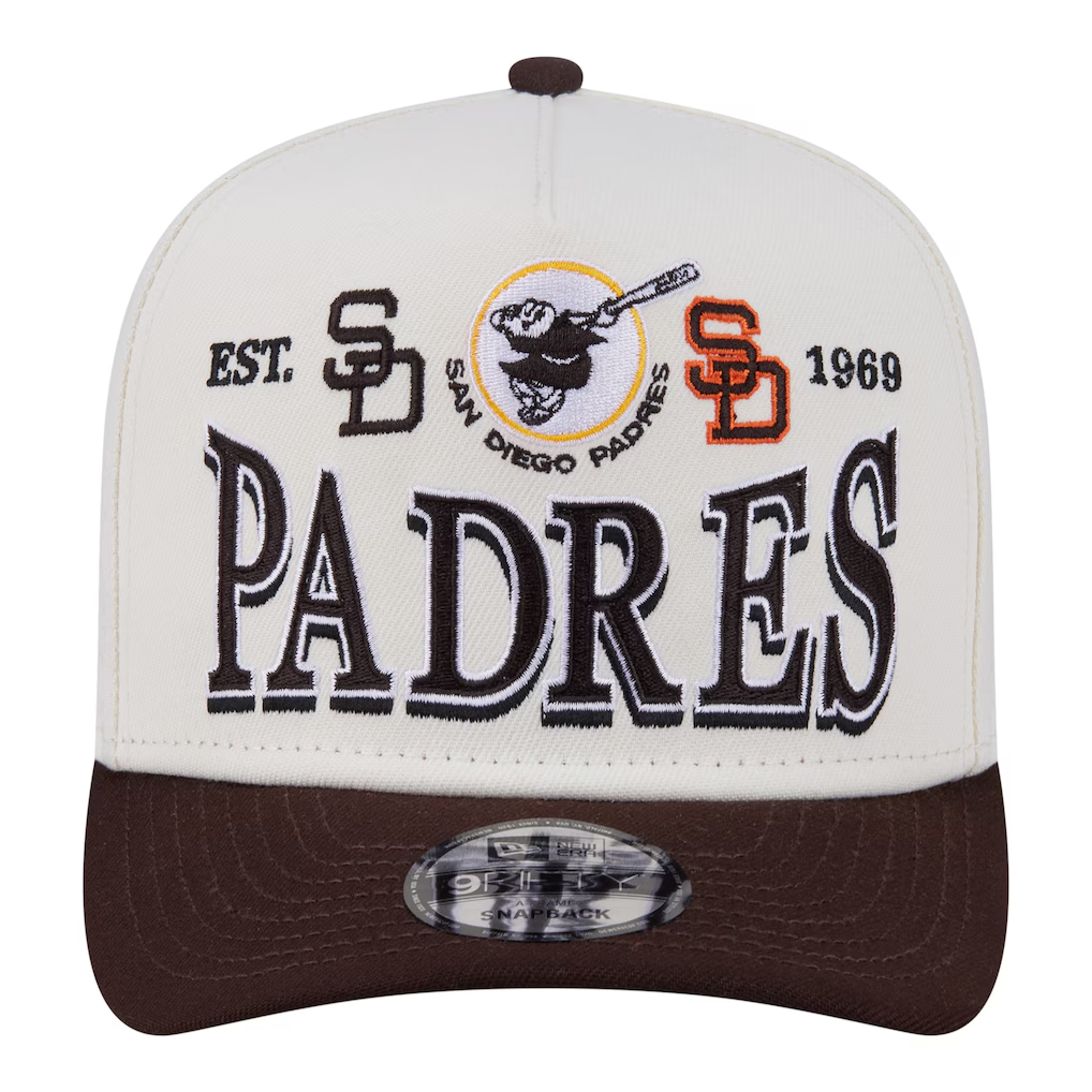 SAN DIEGO PADRES NEW ERA TRI-HIT 9FIFTY A-FRAME SNAPBACK HAT - CHROME WHITE/BROWN