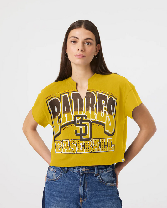 SAN DIEGO PADRES WOMEN'S '47 BRAND WIN BIG OVERSIZED NOTCH NECK T-SHIRT - GOLD