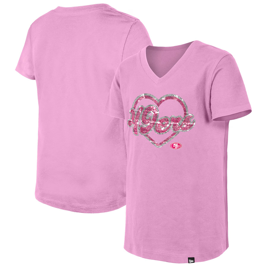 SAN FRANCISCO 49ERS GIRLS FLIP HEART SEQUIN V-NECK T-SHIRT - PINK