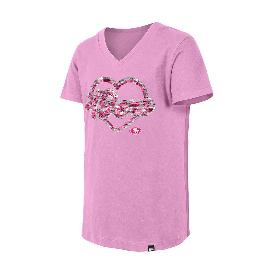 SAN FRANCISCO 49ERS GIRLS FLIP HEART SEQUIN V-NECK T-SHIRT - PINK