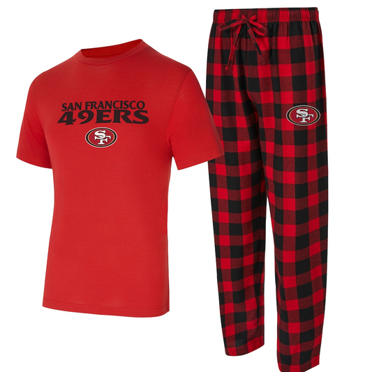 SAN FRANCISCO 49ERS MEN'S COLLEGE CONCEPTS AVONDALE T-SHIRT & FLANNEL PANT SLEEPWEAR SET - RED/BLACK