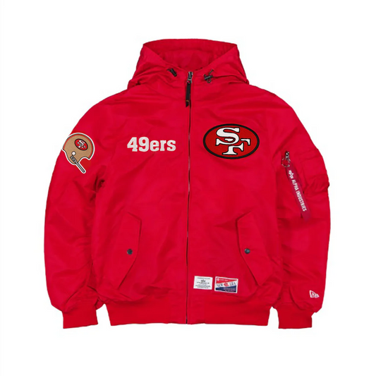SAN FRANCISCO 49ERS MEN'S RETRO NEWERA X ALPHA INDUSTRIES L-2B HOODED BOMBER JACKET - RED