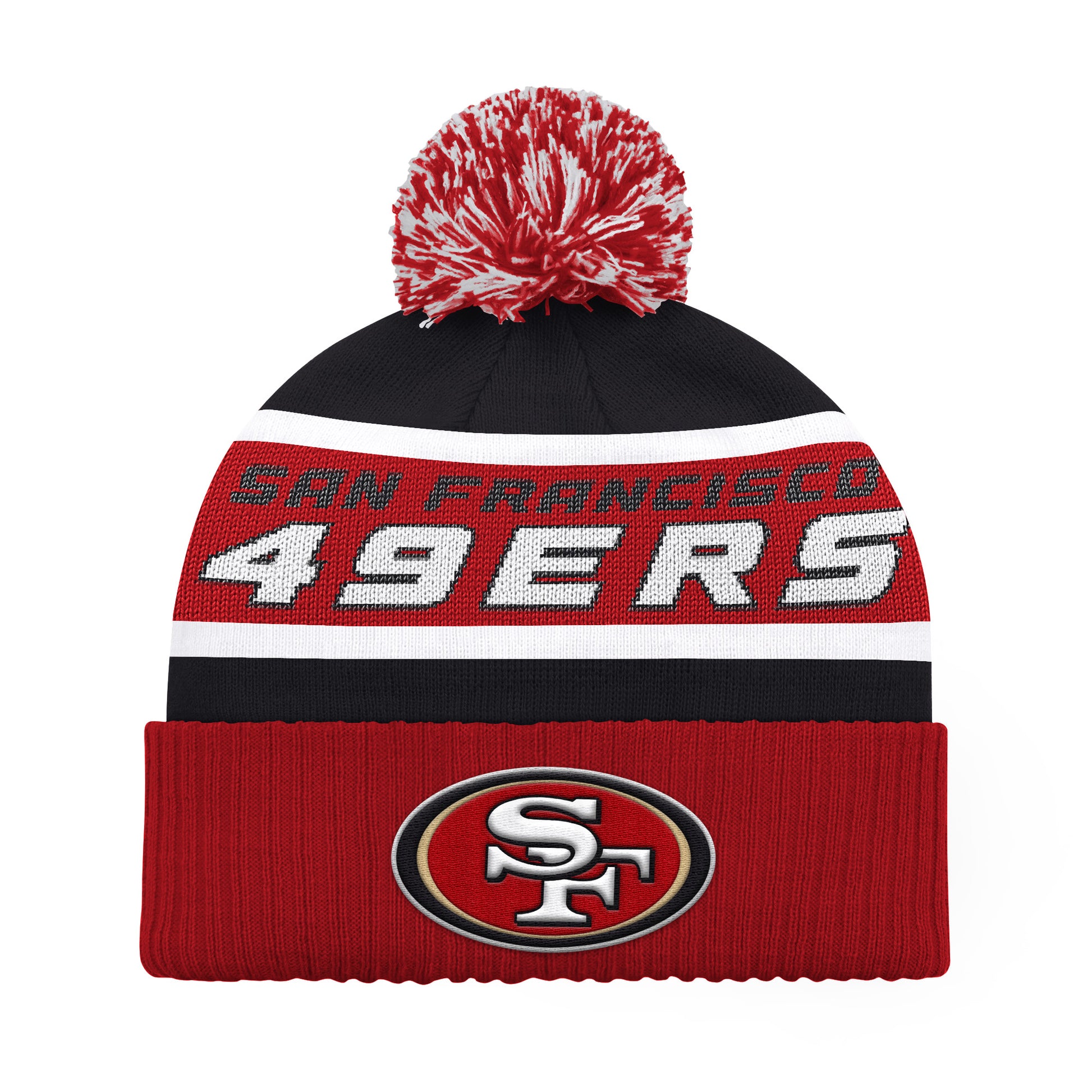 SAN FRANCISCO 49ERS MEN'S STARTER LEGACY CUFFED KNIT WITH POM - BLACK/RED